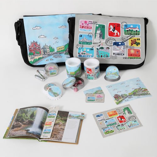 Souvenir bags, mugs and stamps